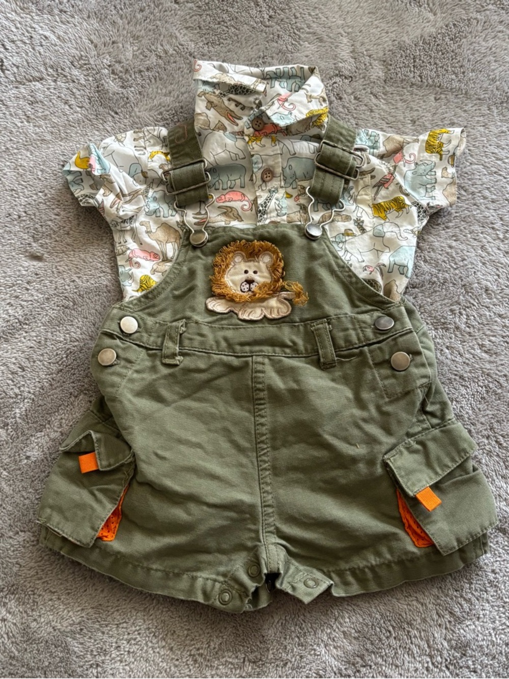 Sesame Street Olive Green Baby Overalls with Lion Patch and Safari Button Down